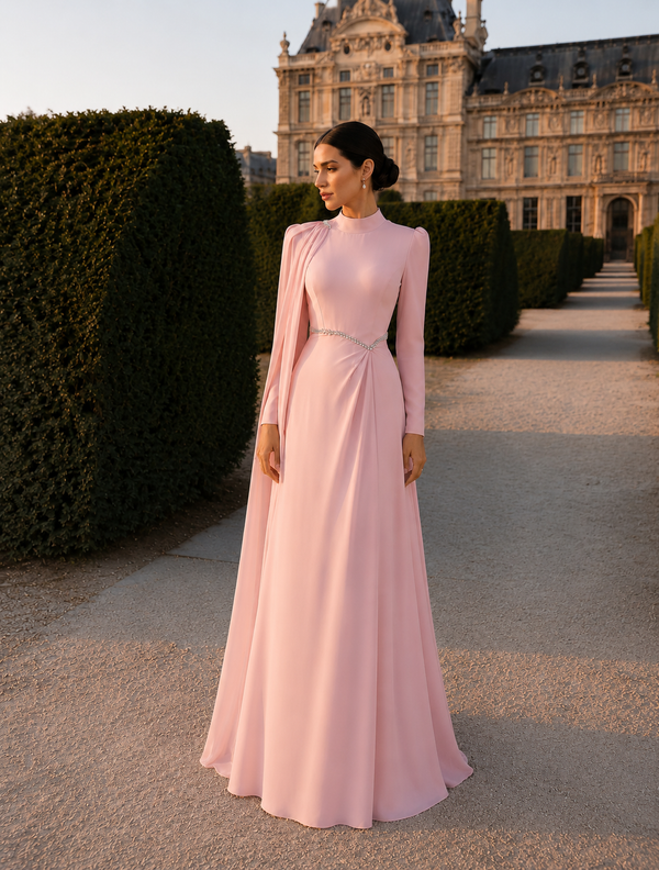 Rosie Pink Pleated Gown | Stone Embellished Cape & Belted Maxi Dress