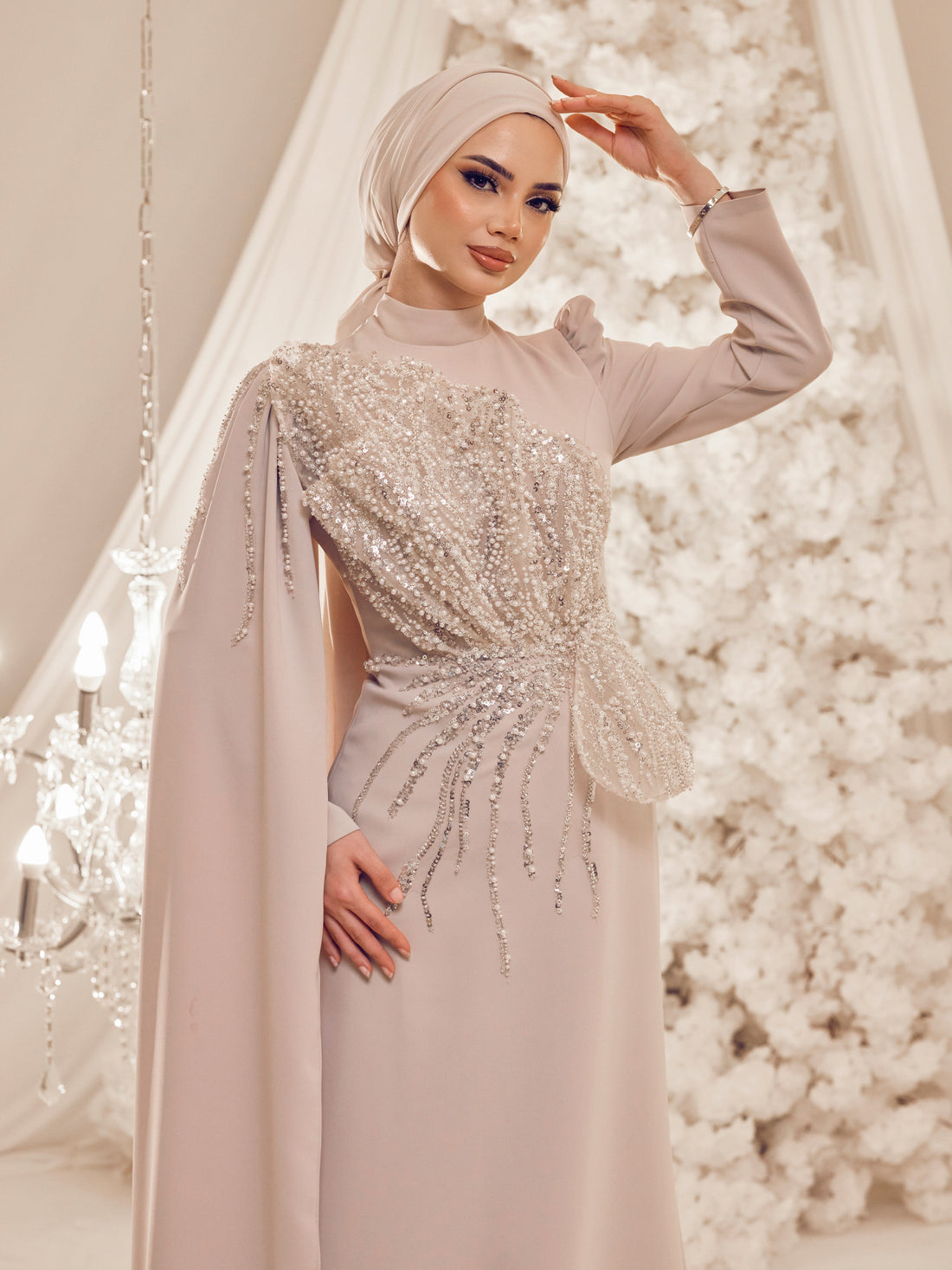 Latifa Beaded Crepe Modest Evening Gown - Beige