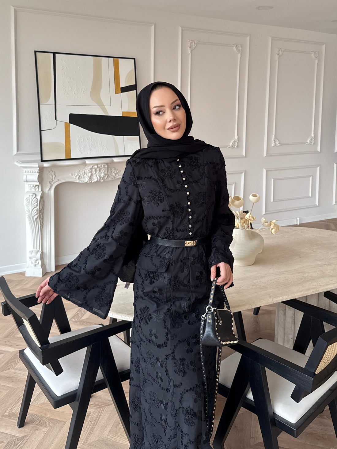 Black Guipure Lace Maxi Dress with Button Detail — Modest Formal Evening Wear