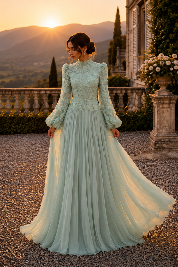 Arwen Embroidered Balloon Sleeve Gown - Mint Green