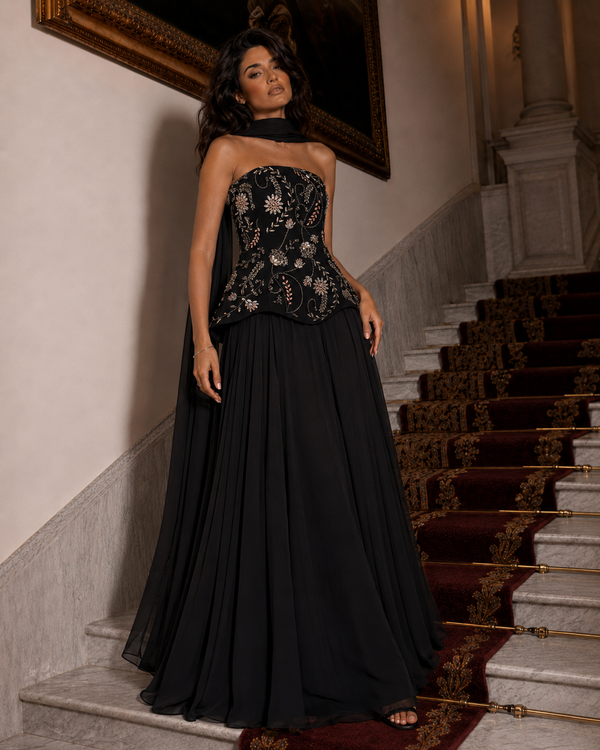 Corset Chiffon Evening Gown - Embellished Strapless Prom Dress - Black