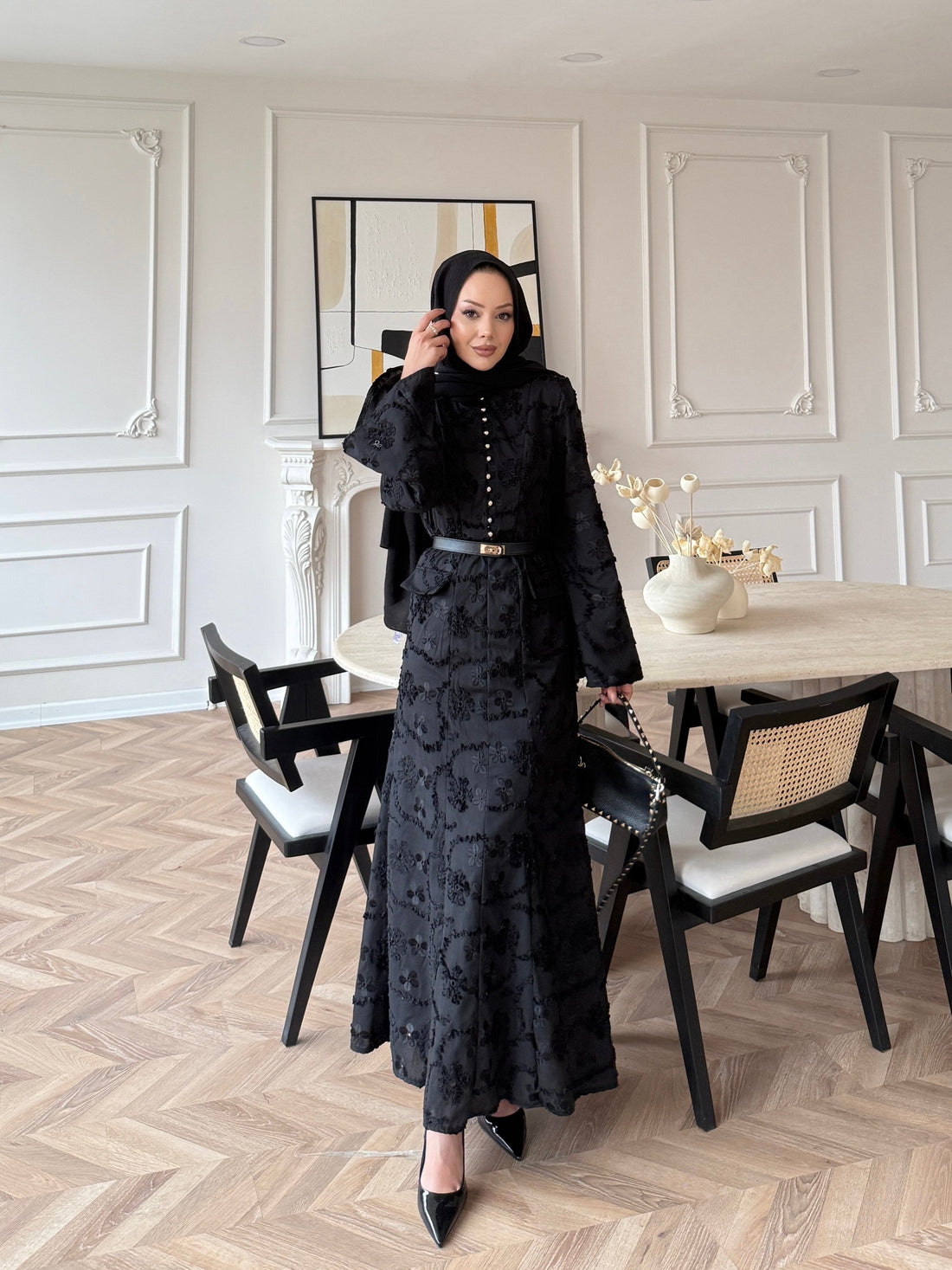 Black Guipure Lace Maxi Dress with Button Detail — Modest Formal Evening Wear