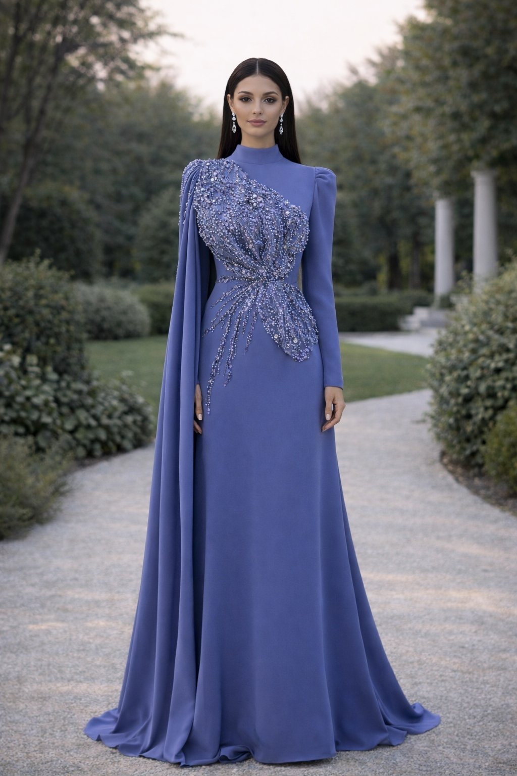 Latifa Beaded Crepe Modest Evening Gown - lilac