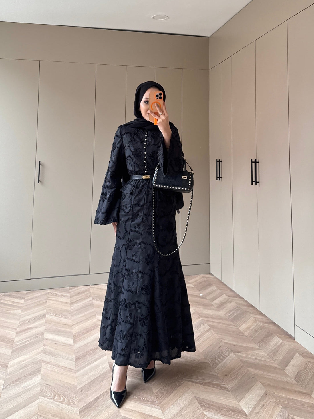 Black Guipure Lace Maxi Dress with Button Detail — Modest Formal Evening Wear