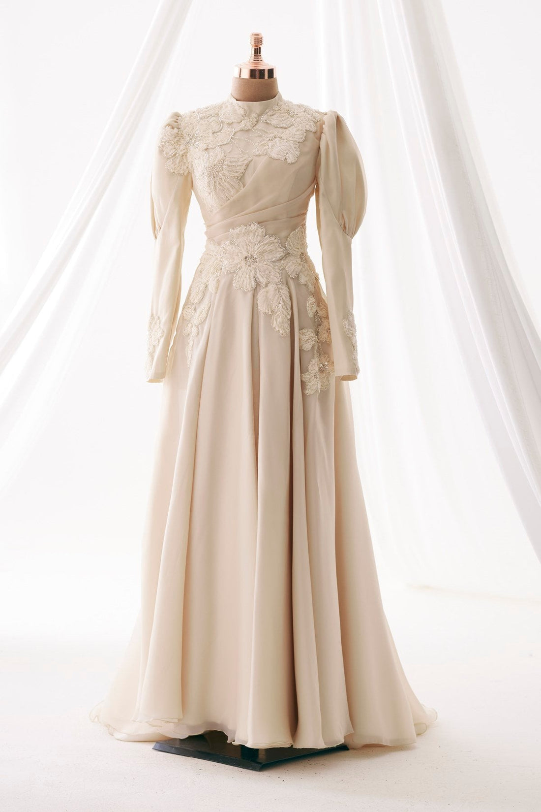 Amber Embellished Modest Evening Dress - Beige
