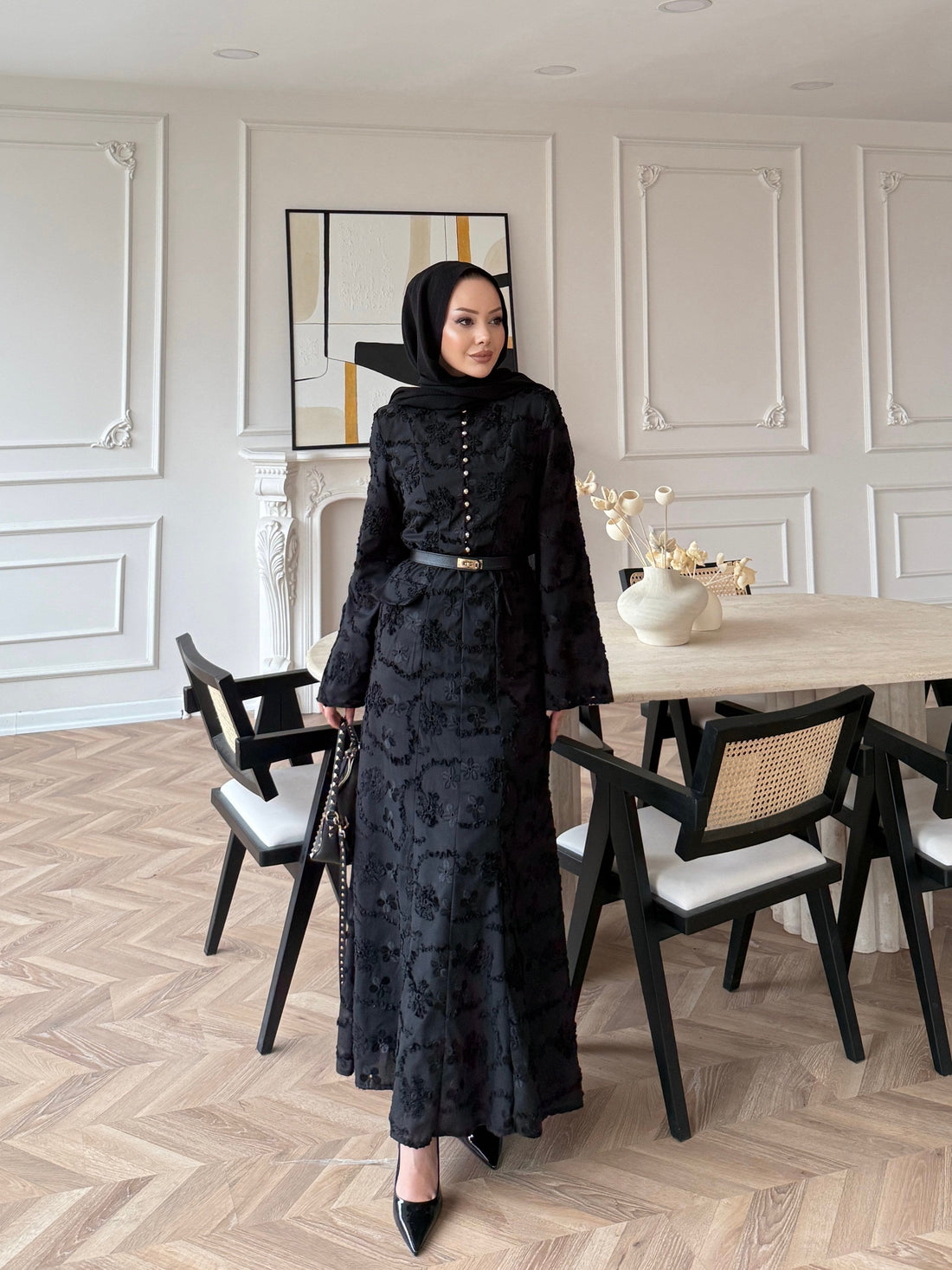 Black Guipure Lace Maxi Dress with Button Detail — Modest Formal Evening Wear