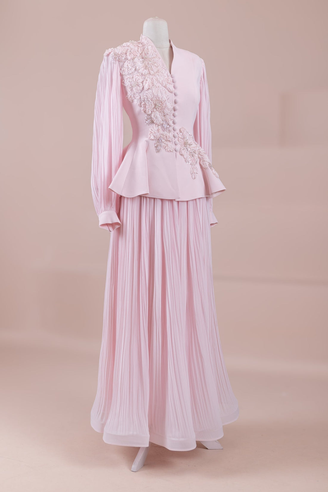 Limited Collection Peplum Jacket & Pleated Maxi Skirt Set – 3D Floral Embroidered Evening Ensemble