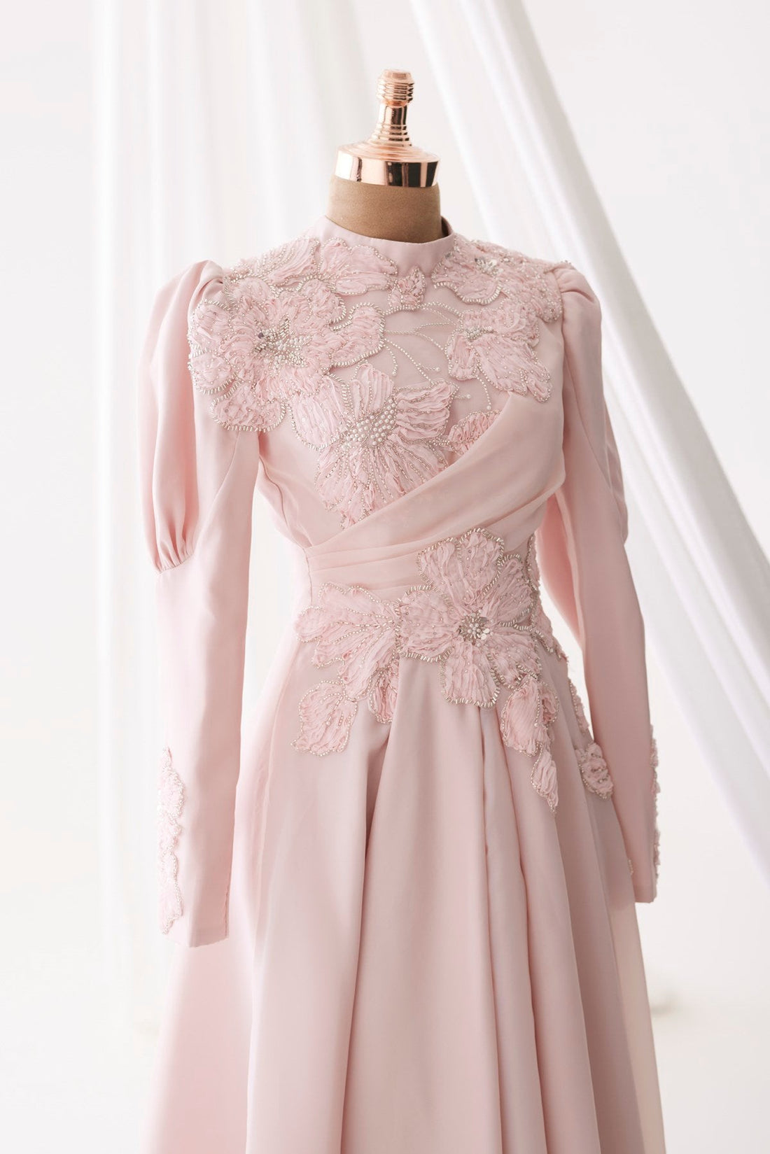 Amber Floral Embellished Modest Evening Dress - Pink