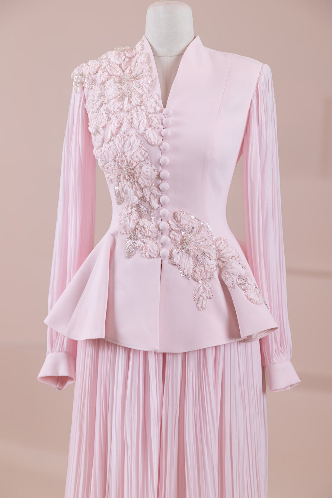 Limited Collection Peplum Jacket & Pleated Maxi Skirt Set – 3D Floral Embroidered Evening Ensemble