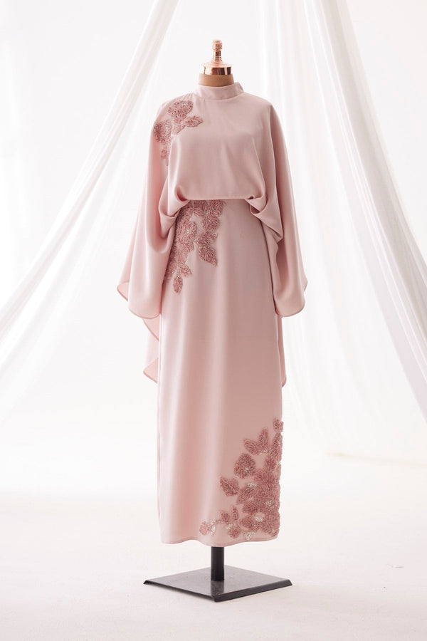 Soraya Stone-Embellished Modest Satin Cape Pencil Dress - Evening Dress - Poudra