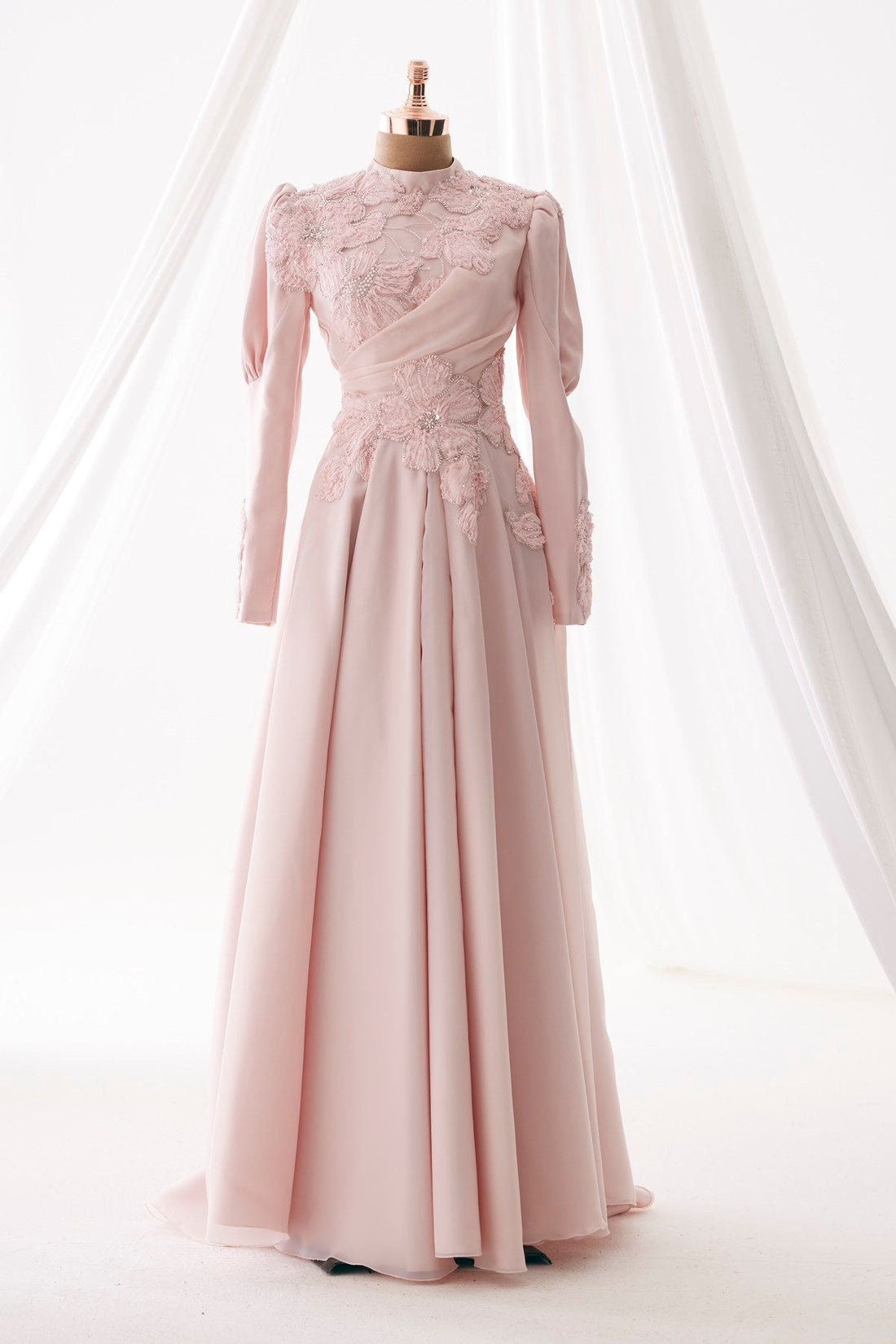 Amber Floral Embellished Modest Evening Dress - Pink