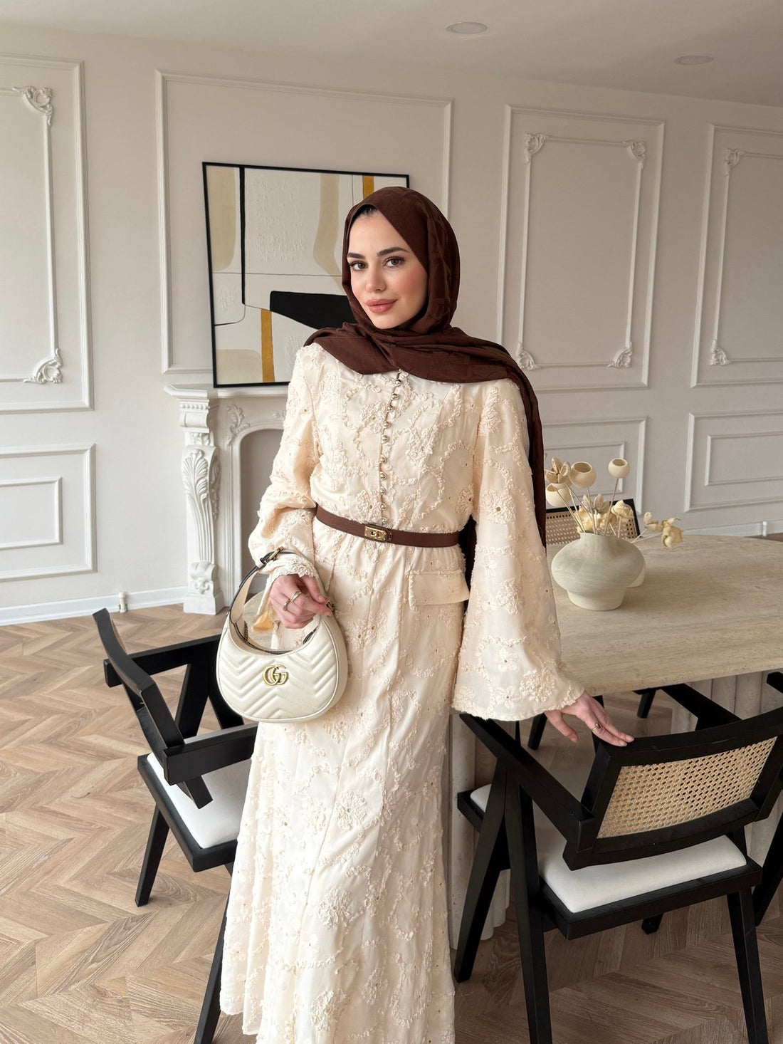 Guipure Lace Maxi Dress with Button Detail — Modest Formal Evening Wear