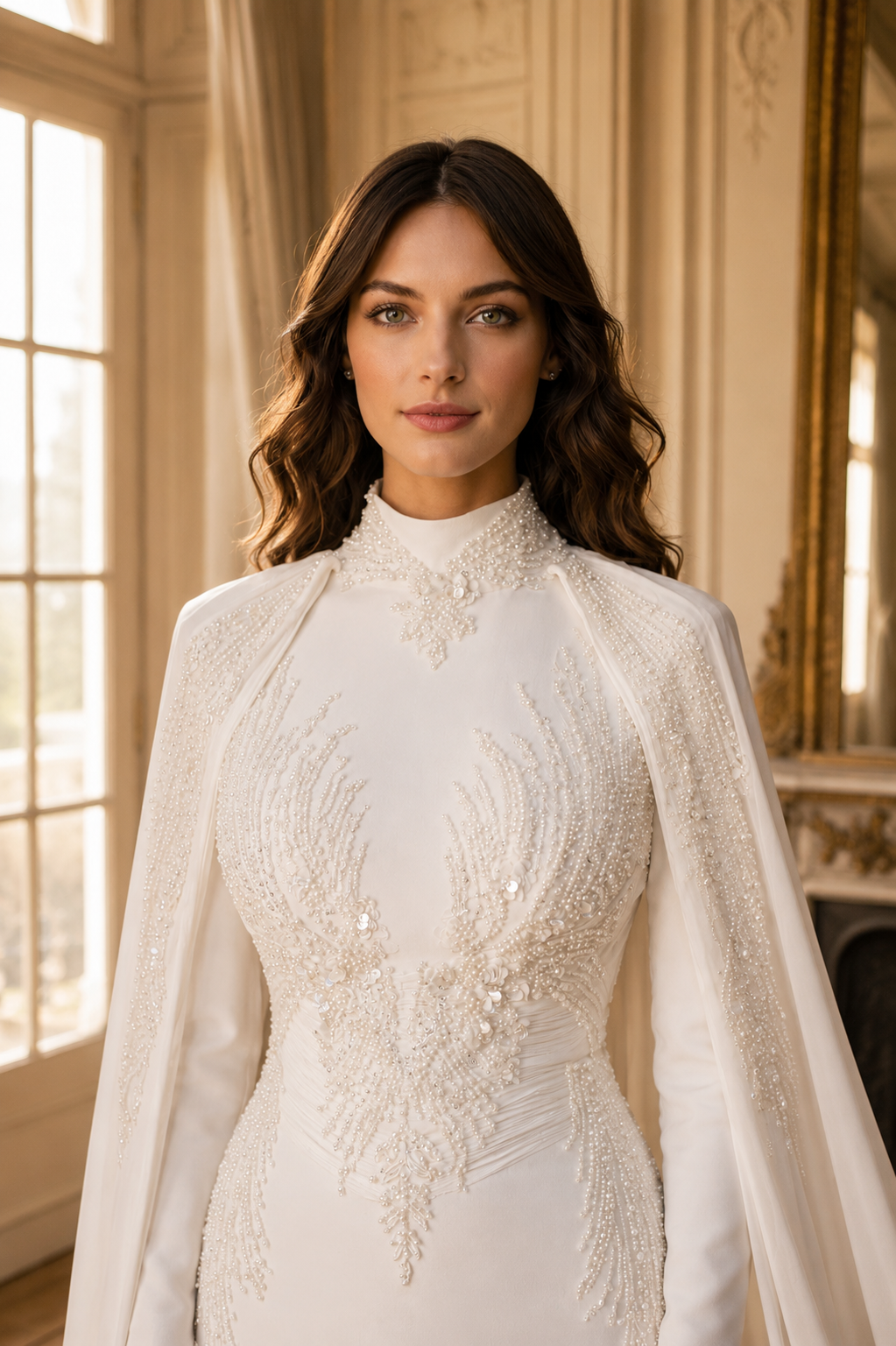 White Snowflake Modest Evening Dress - Elegant Maxi Bridal Gown