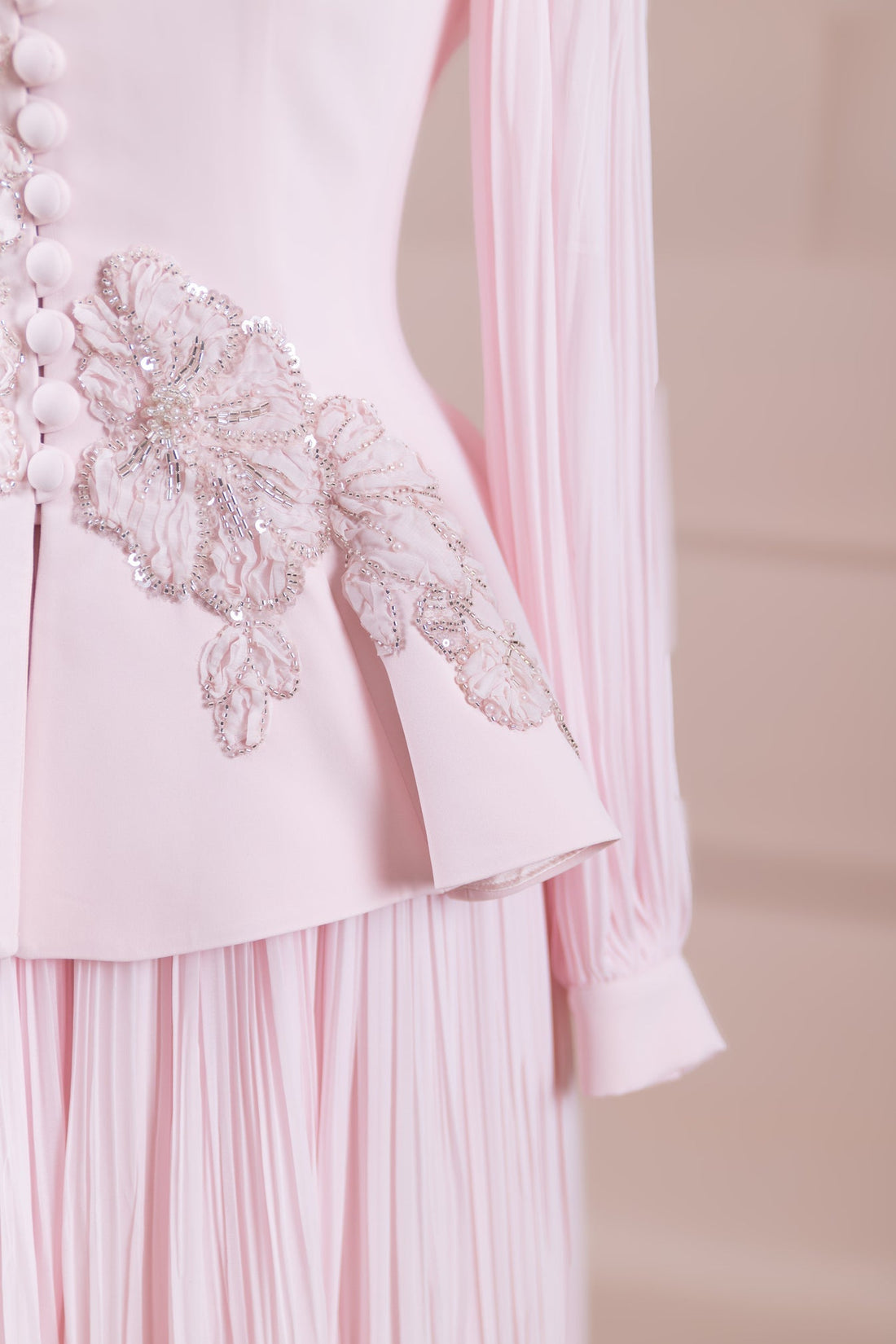 Limited Collection Peplum Jacket & Pleated Maxi Skirt Set – 3D Floral Embroidered Evening Ensemble