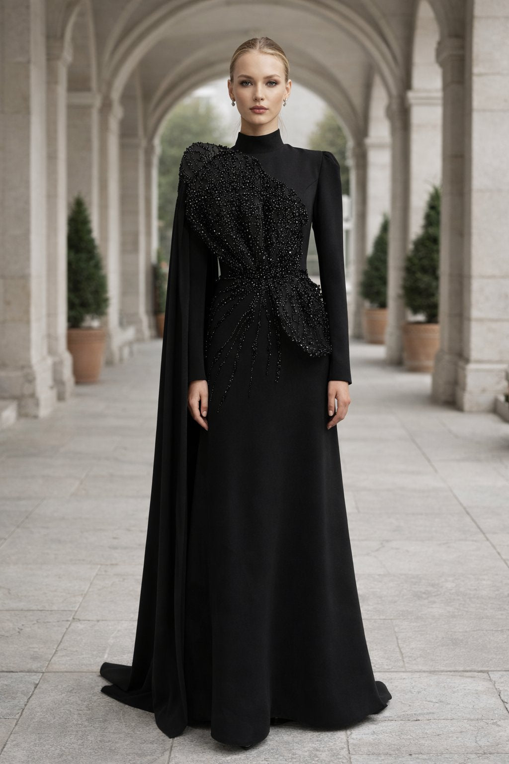 Latifa Beaded Crepe Modest Evening Gown - Black
