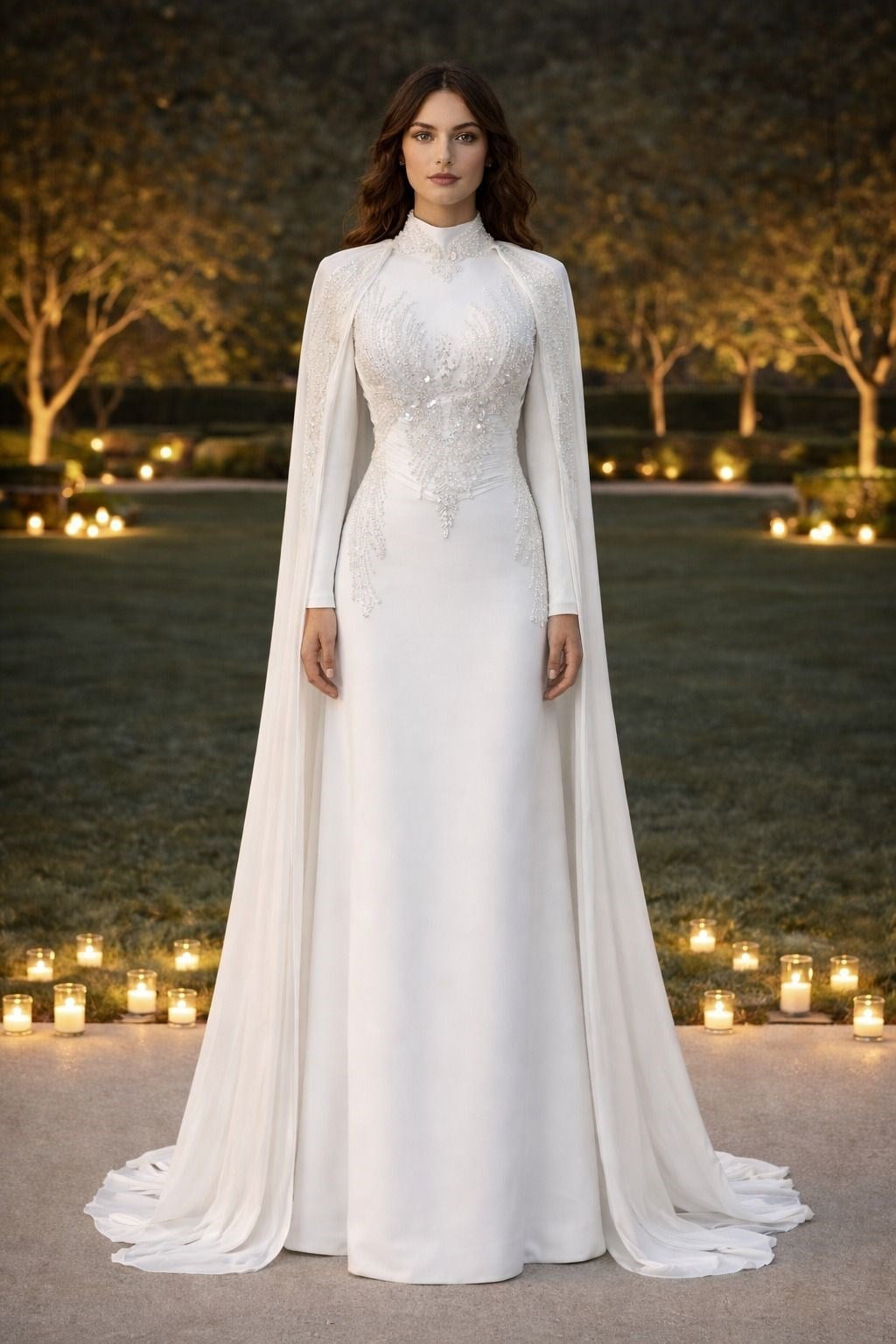 White Snowflake Modest Evening Dress - Elegant Maxi Bridal Gown