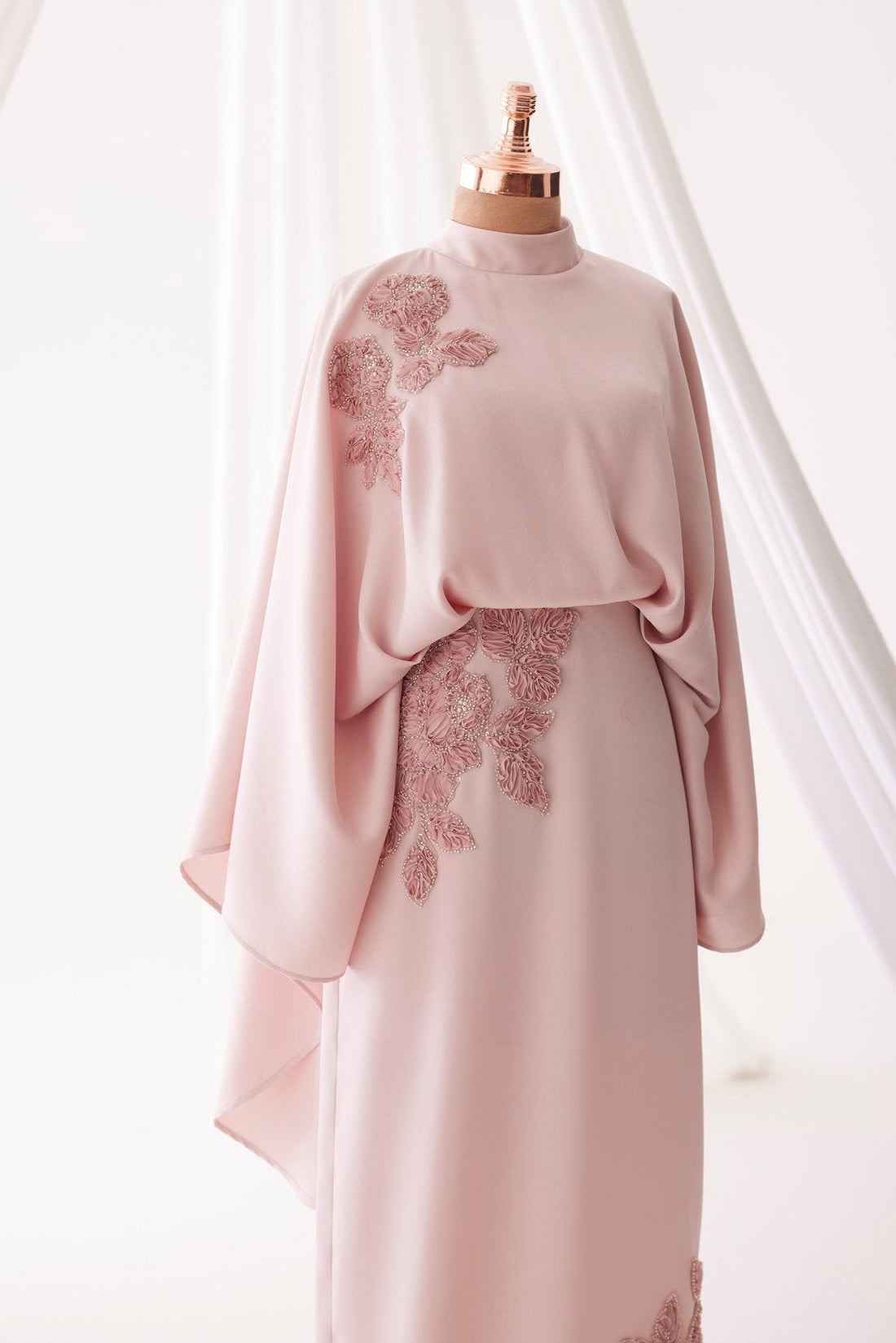 Soraya Stone-Embellished Modest Satin Cape Pencil Dress - Evening Dress - Poudra