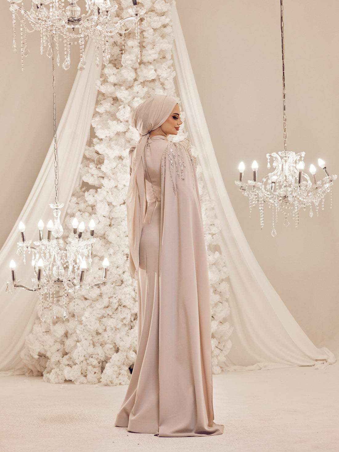 Latifa Beaded Crepe Modest Evening Gown - Beige