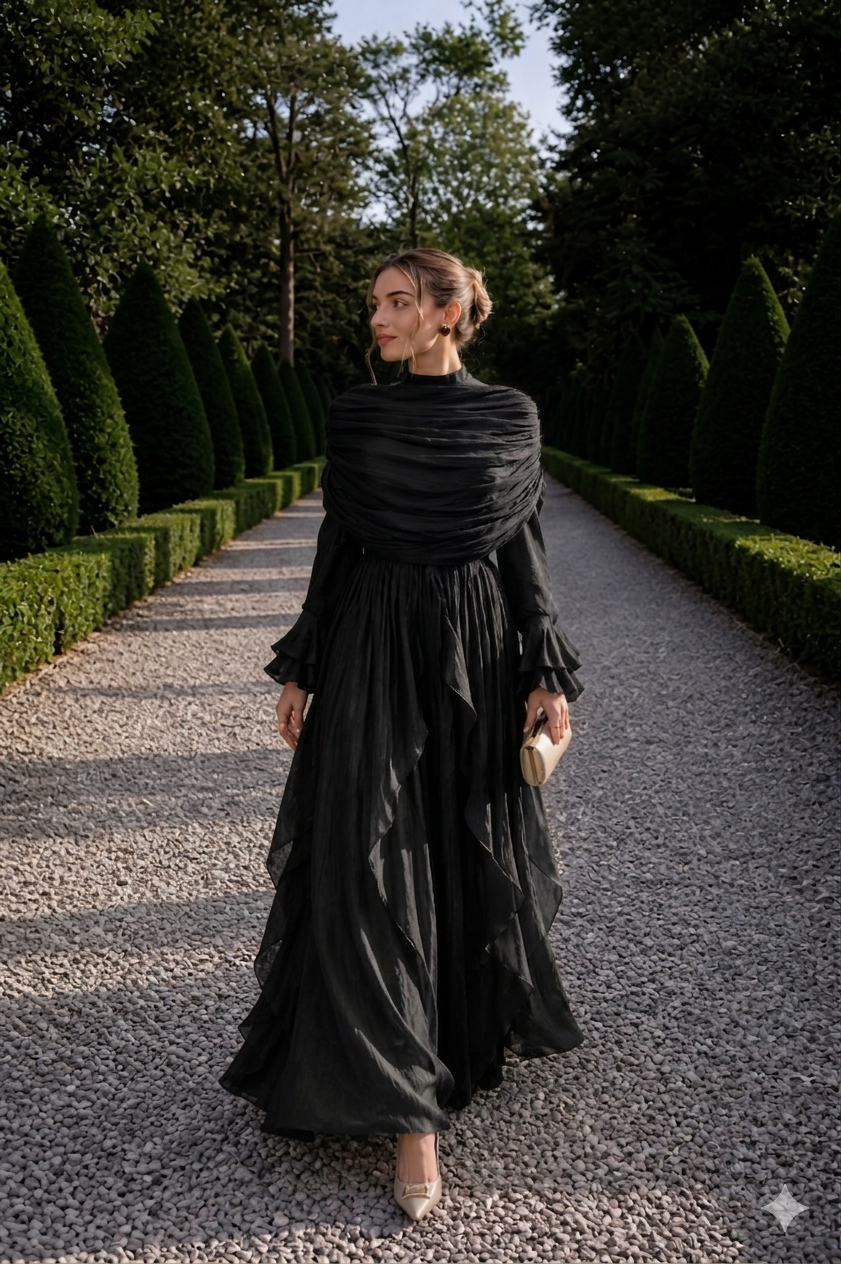 Black Chiffon Modest Evening Gown