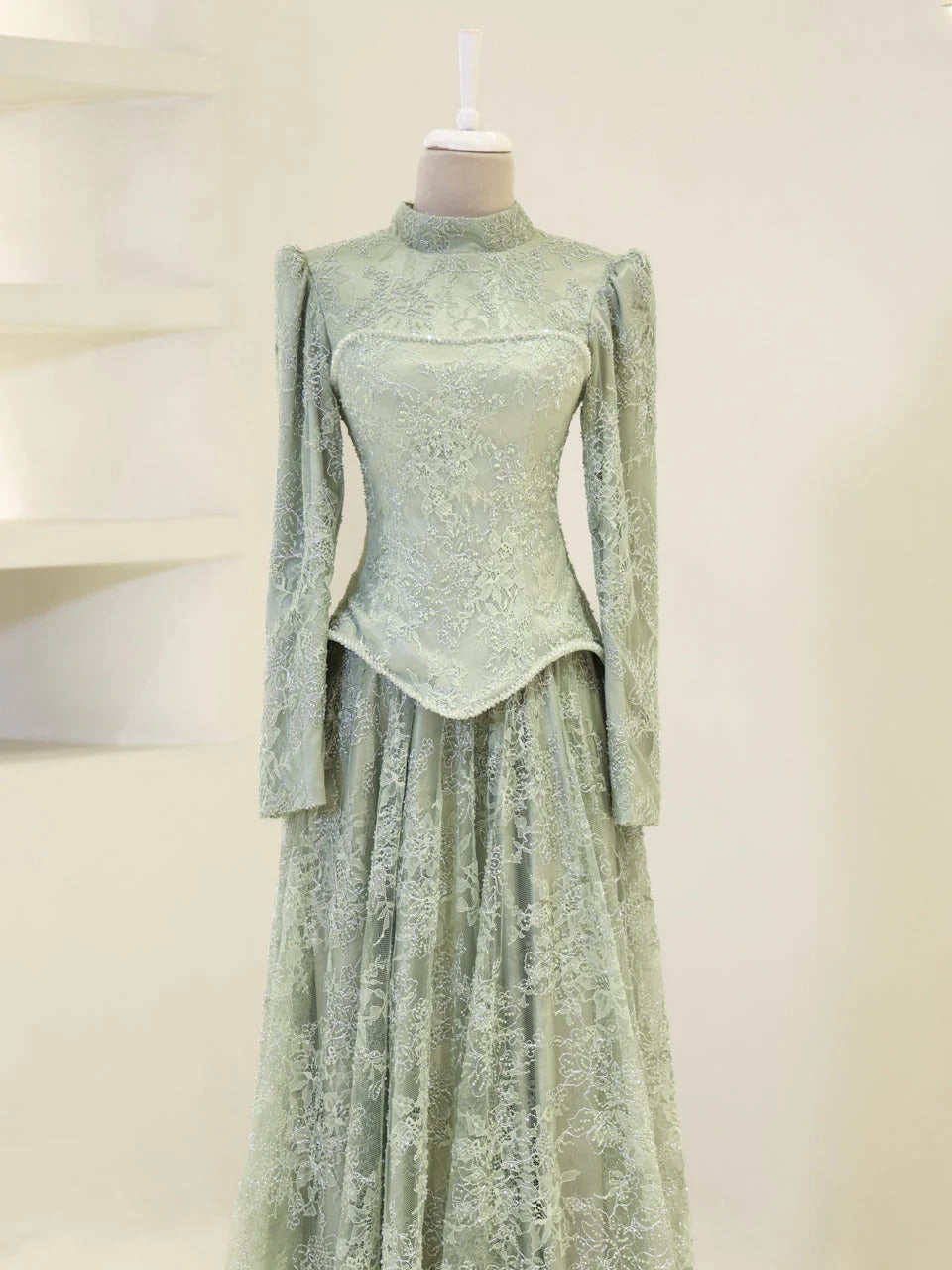 Lace Corset Modest Evening Gown - Mint
