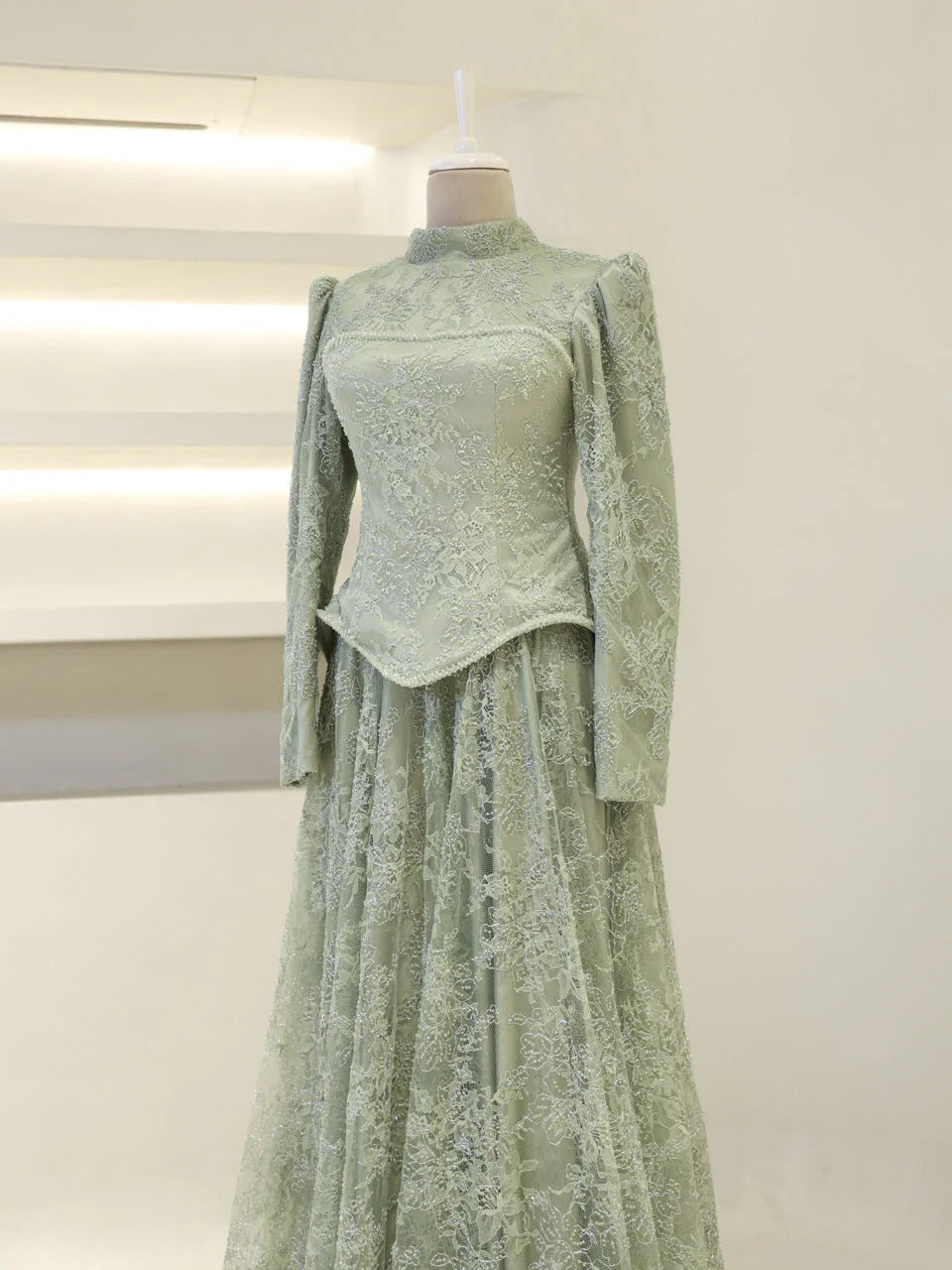 Lace Corset Modest Evening Gown - Mint