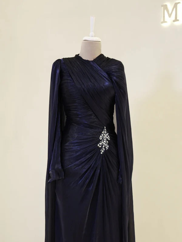 Fairuz Evening Dress with Cape Detail - Navy Blue