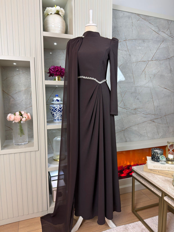 Rosie Brown Pleated Gown | Stone Embellished Cape & Belted Maxi Dress