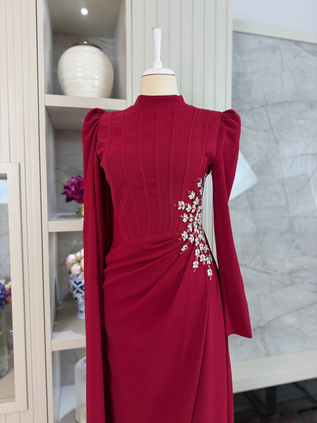 Burgundy Beaded Long Sleeve Evening Gown