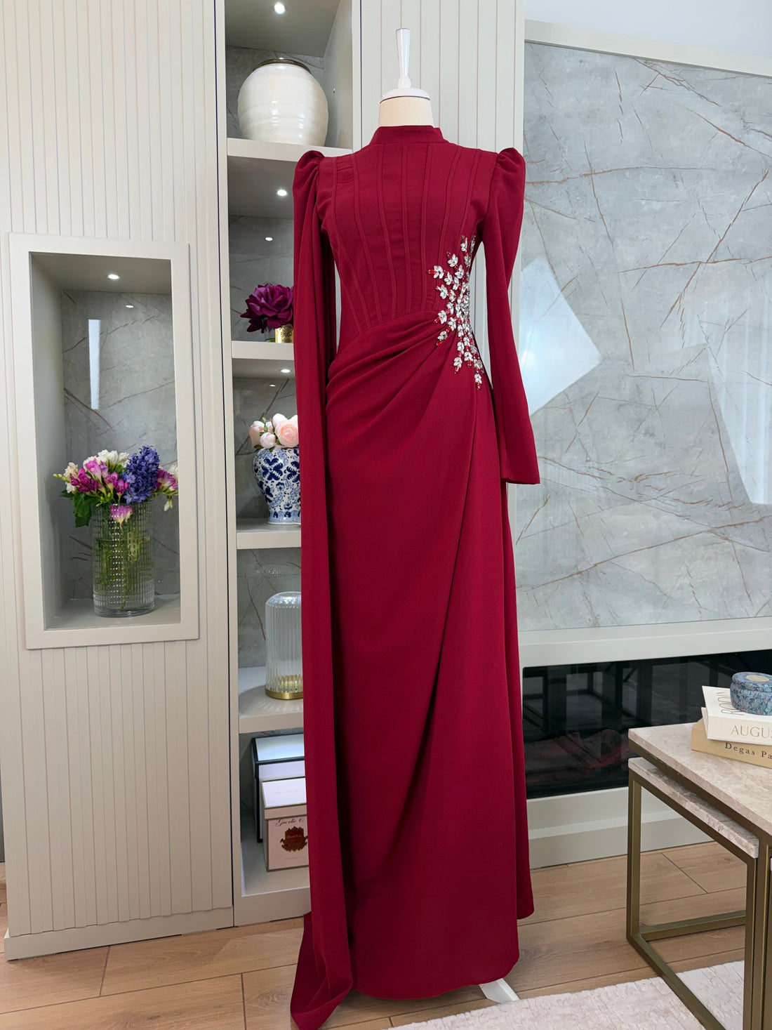 Burgundy Beaded Long Sleeve Evening Gown