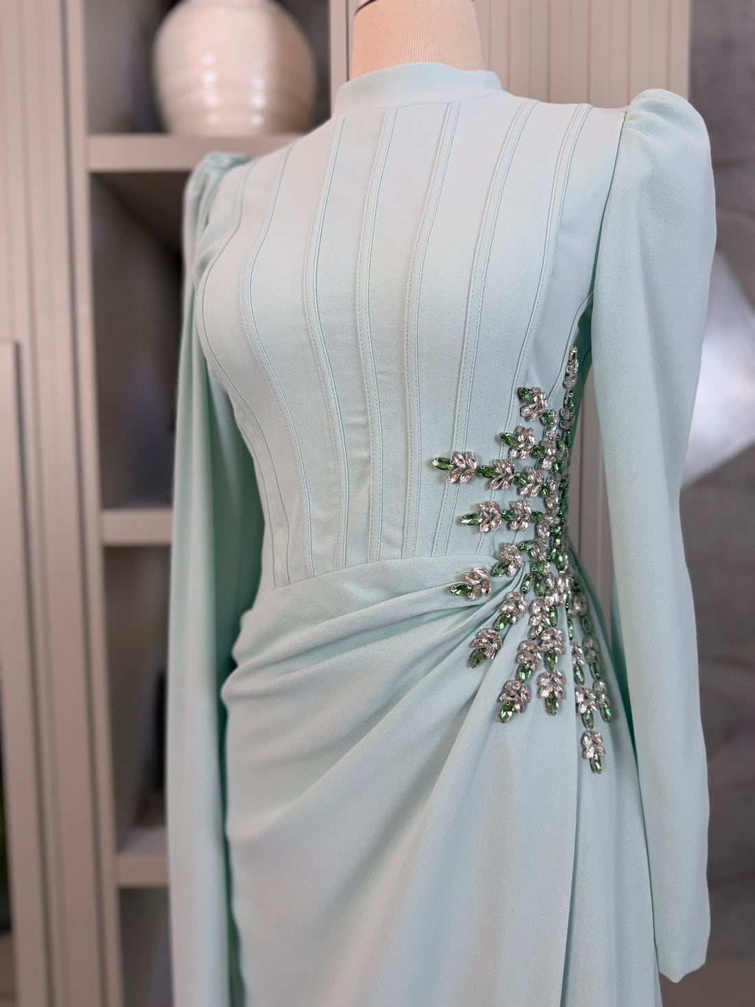 Blue Beaded Long Sleeve Evening Gown