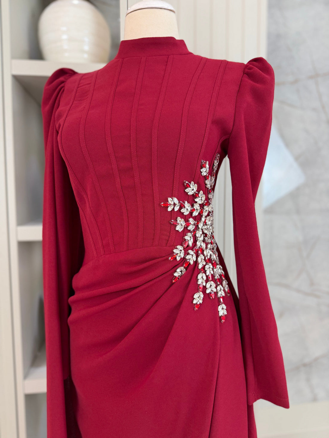 Burgundy Beaded Long Sleeve Evening Gown