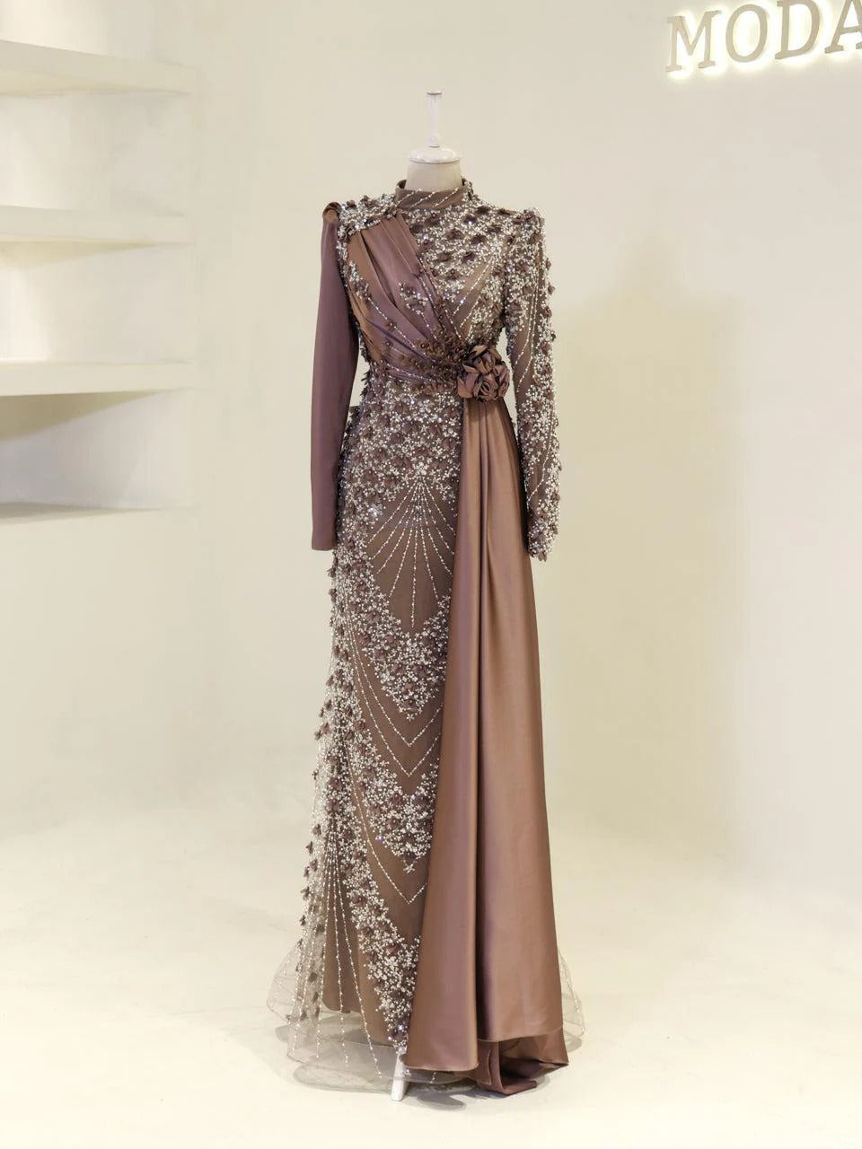 Darelia Textured Feather-Effect Gown- Brown