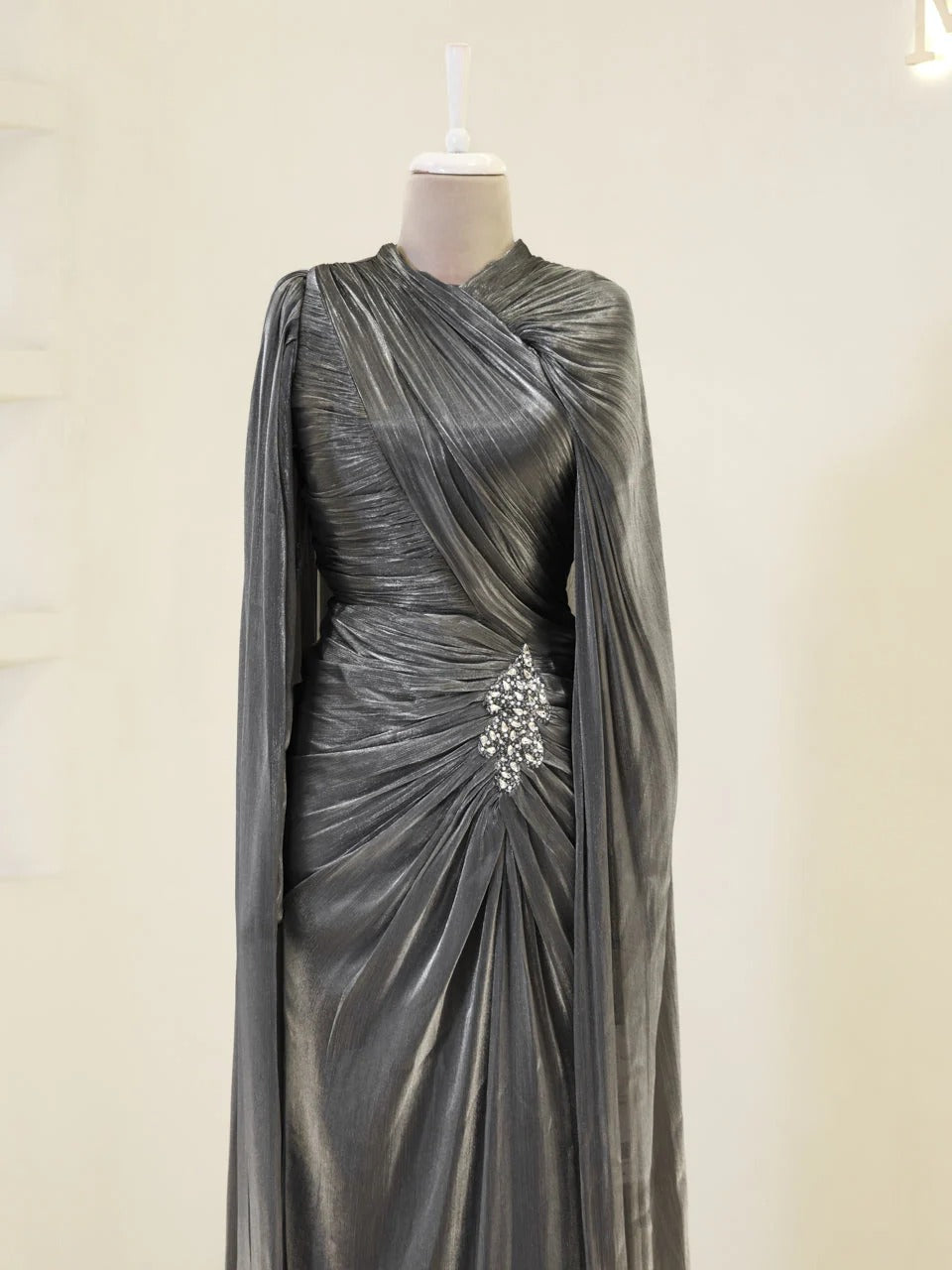 Fairuz Evening Dress with Cape Detail - Gray