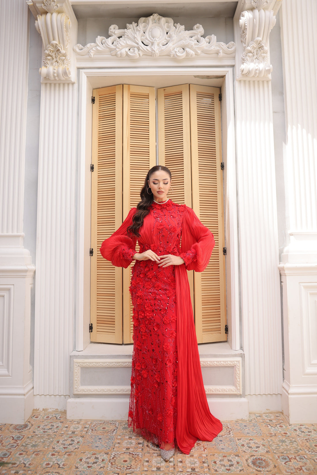 Roxanne Beaded Modest Evening Gown - Red
