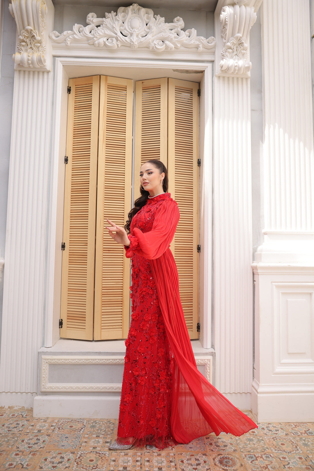 Roxanne Beaded Modest Evening Gown - Red