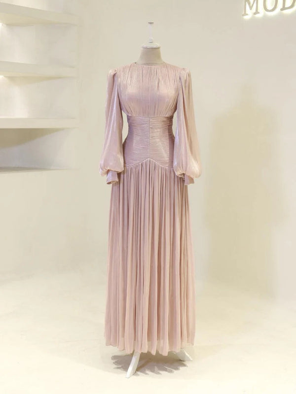 Shimmering Orchid Modest Evening Dress - Flare Pleated Gown - Poudra