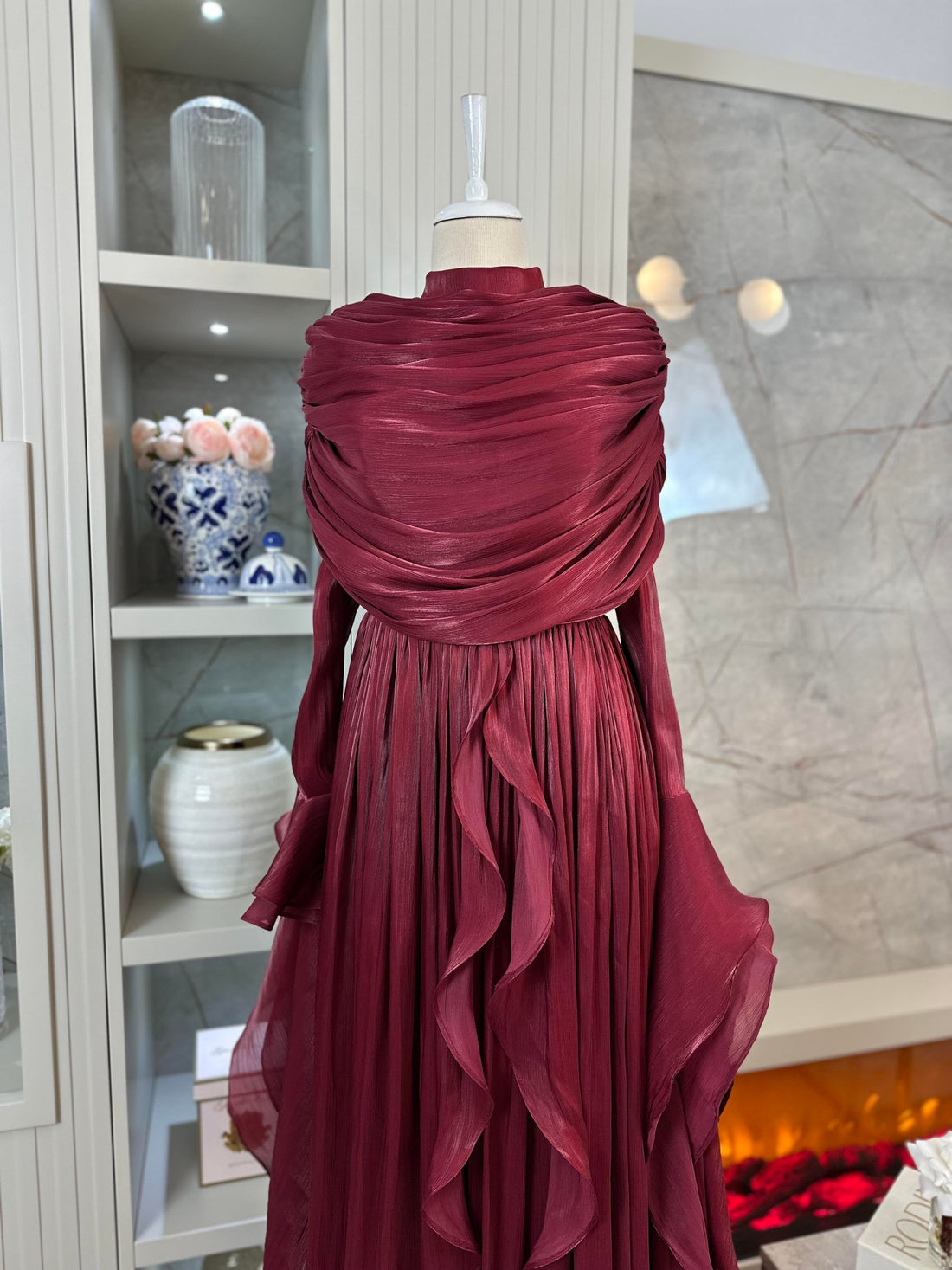 Burgundy Chiffon Modest Evening Gown