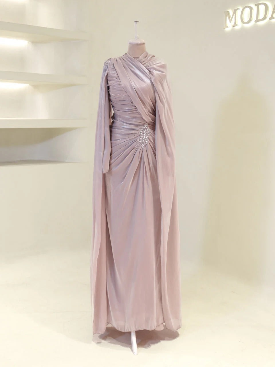 Fairuz Evening Dress with Cape Detail - Poudra