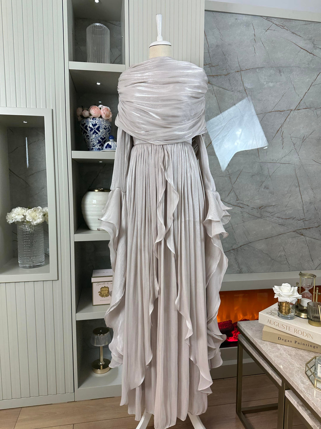Beige Chiffon Modest Evening Gown