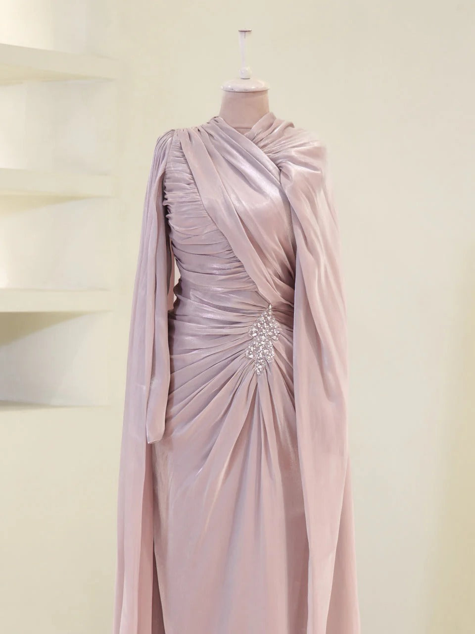 Fairuz Evening Dress with Cape Detail - Poudra