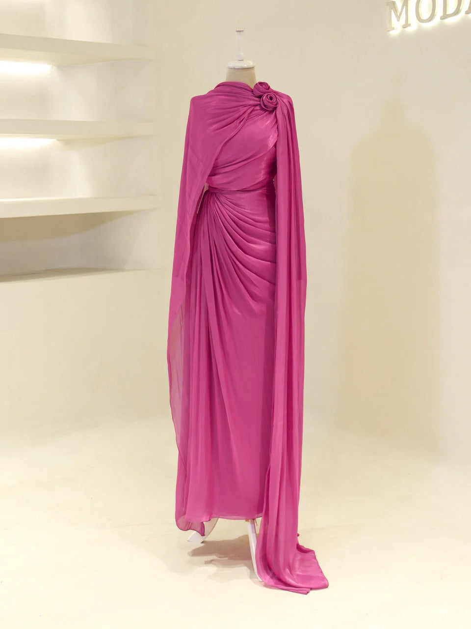 Orchid Fabric Flare Modest Evening Dress - Fuschia
