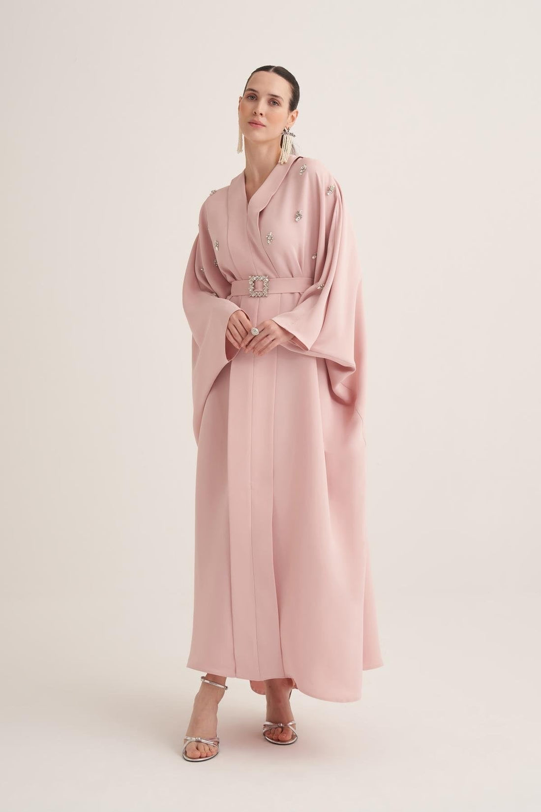 Powder Pink Kaftan with Crystal Hand Embellishments & Jewelled Belt Buckle