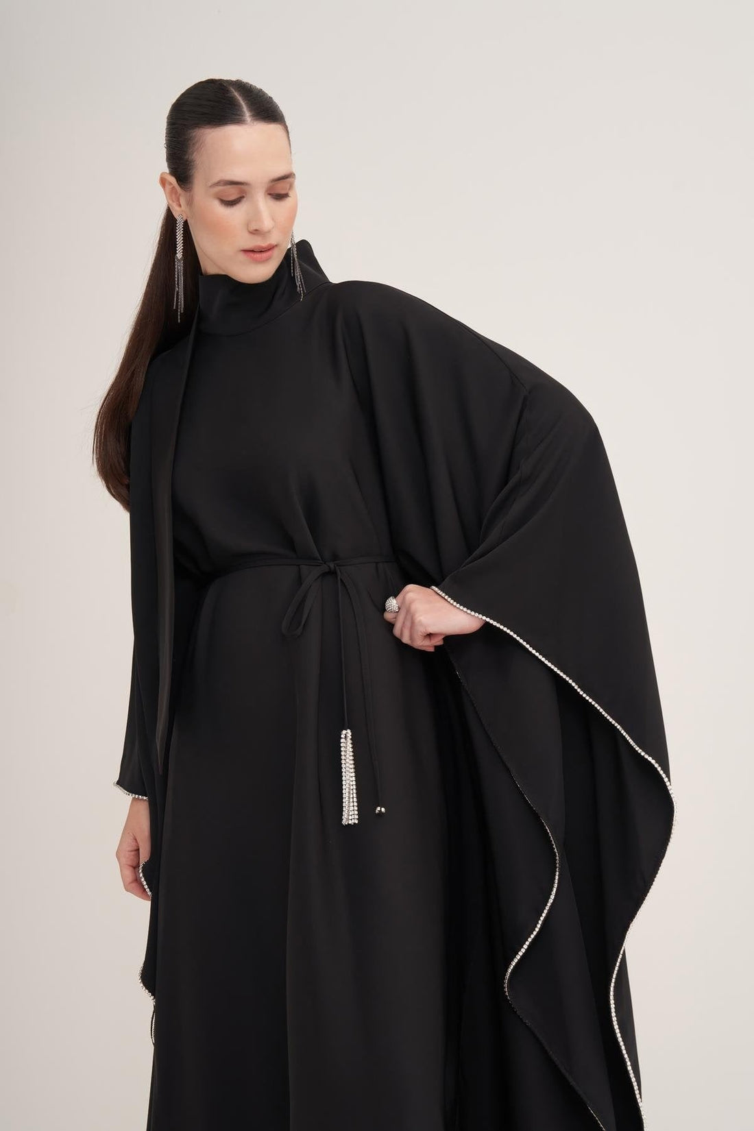Black Cape Sleeve Kaftan with Crystal Trim & Adjustable Belt