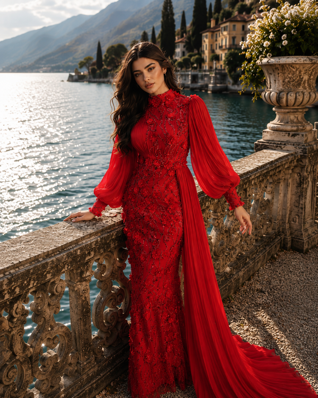 Roxanne Beaded Modest Evening Gown - Red