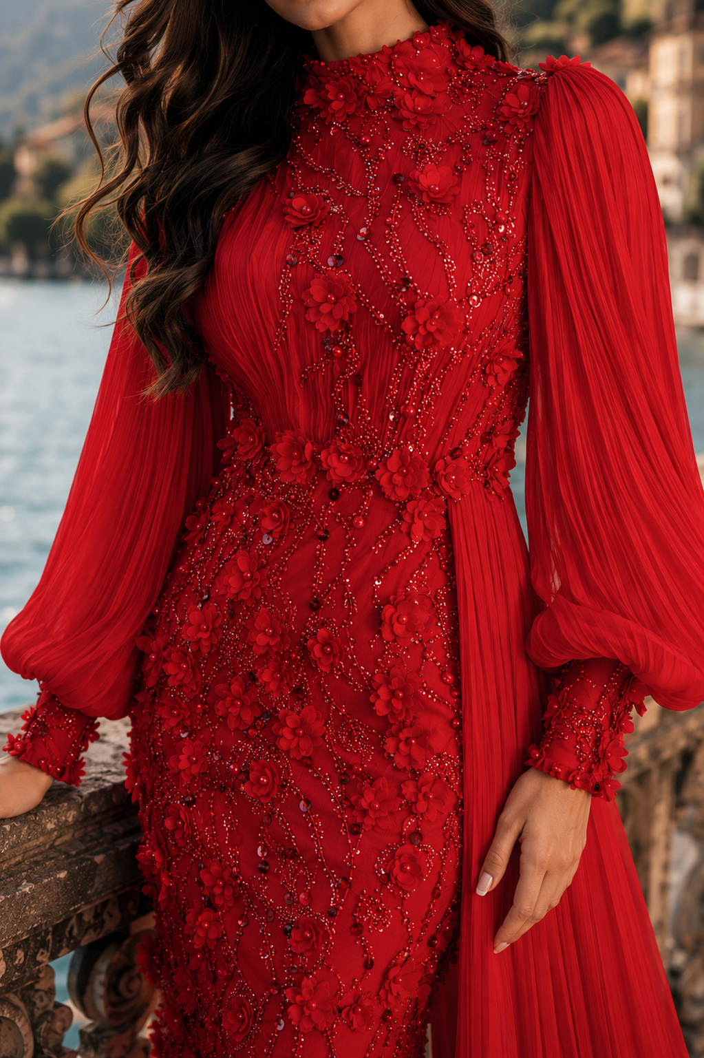 Roxanne Beaded Modest Evening Gown - Red