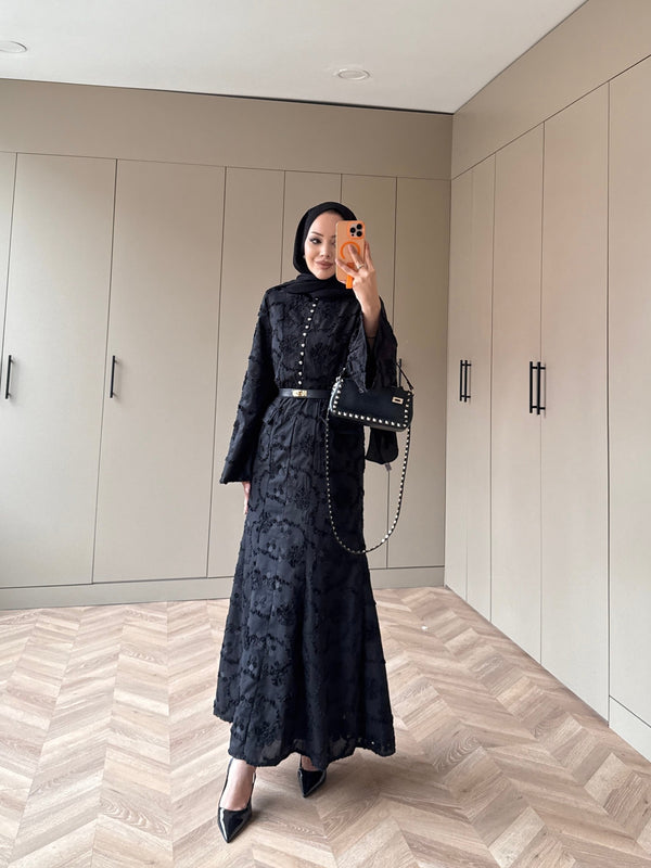 Black Guipure Lace Maxi Dress with Button Detail — Modest Formal Evening Wear
