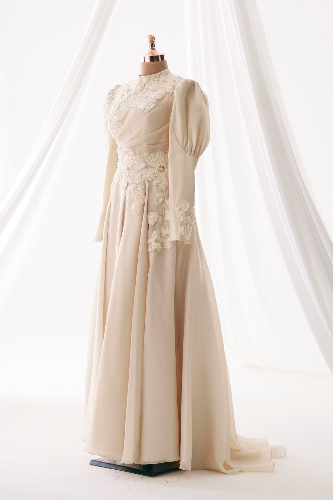 Amber Embellished Modest Evening Dress - Beige
