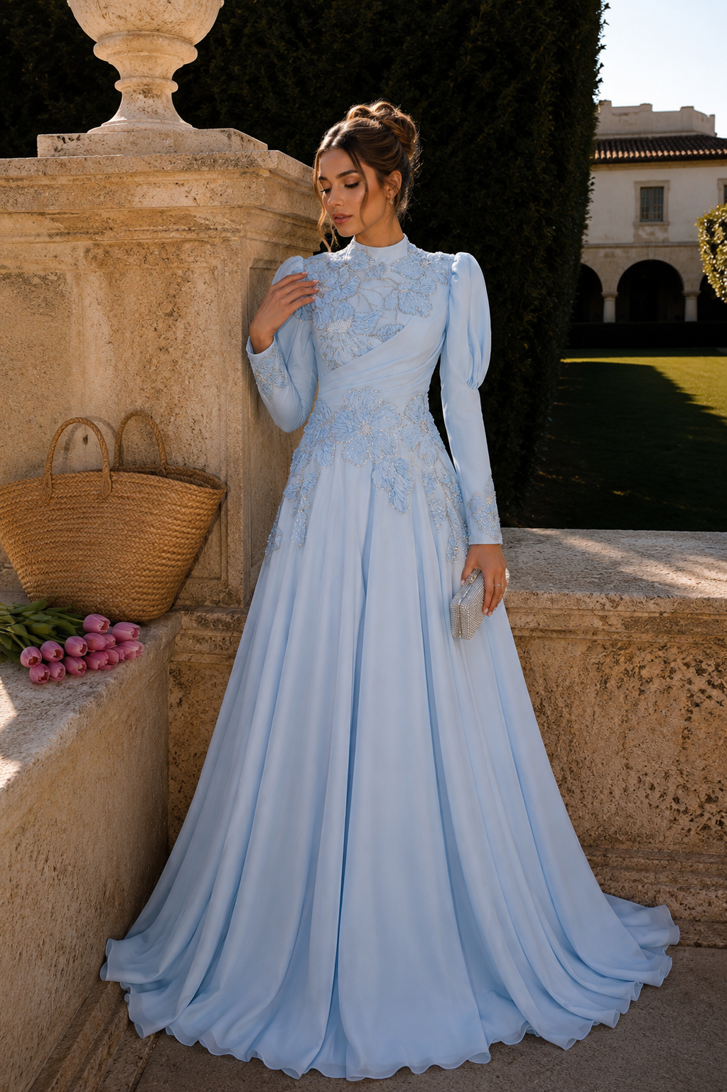 Floral Embellished Modest Evening Dress - Baby Blue