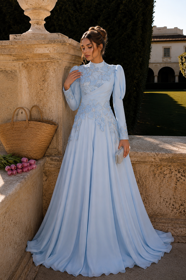Floral Embellished Modest Evening Dress - Baby Blue