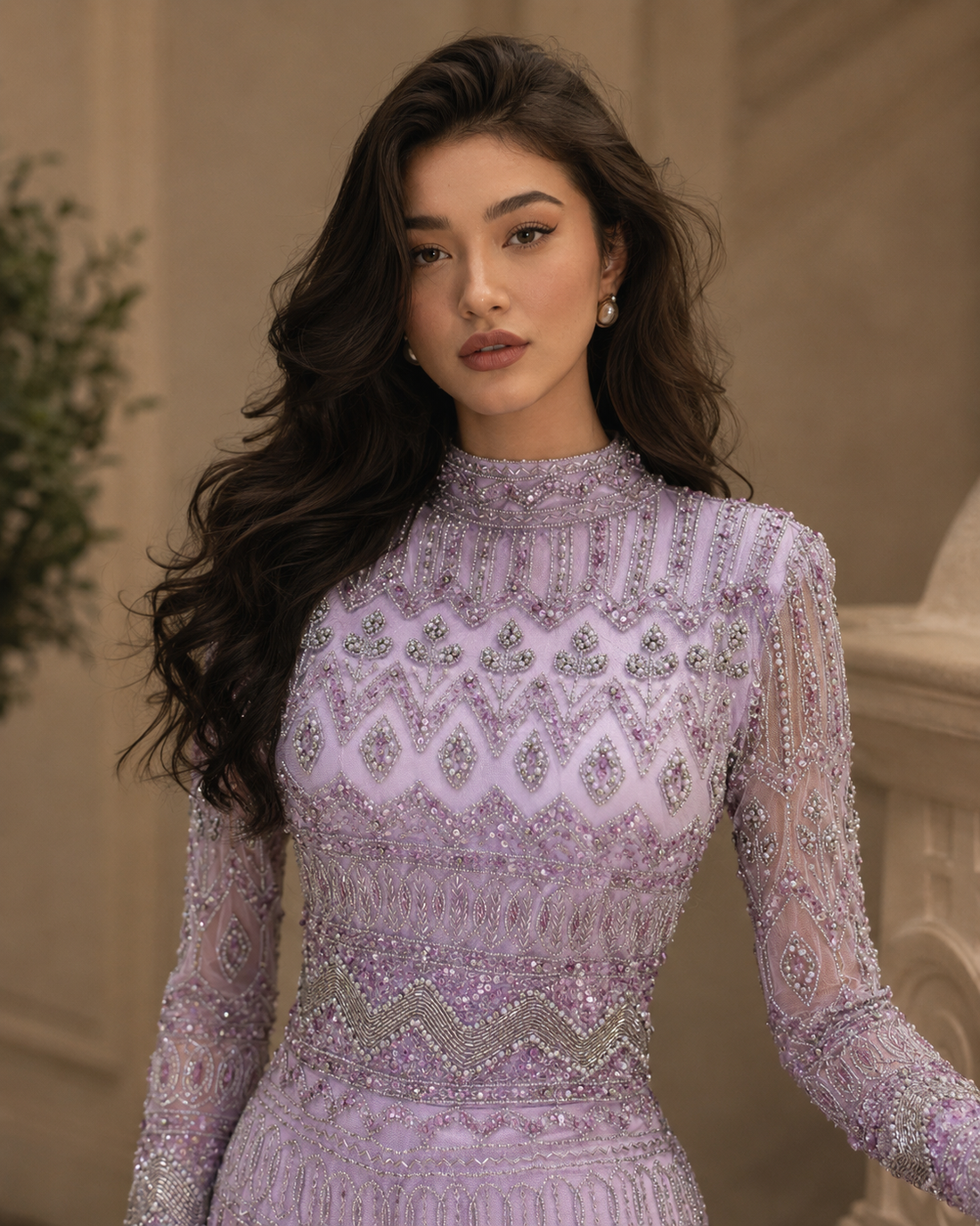 Couture Rania Full Embroidered Modest Evening Dress - Lavender